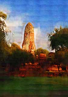 illust, materiell, befreit, Landschaft, Bild, Gemlde, Farbbleistift, Wachsmalstift, Zeichnung,,Wat Phraram, Das kulturelle Erbe von Welt, Buddhismus, Pagode, Ayutthaya-berreste