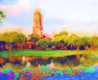 illust, material, livram, paisagem, quadro, pintura, lpis de cor, creiom, puxando,Wat Phraram, A herana cultural de mundo, Budismo, pagode, Ayutthaya permanece