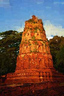 illustration,material,free,landscape,picture,painting,color pencil,crayon,drawing,Wat Phra Mahathat, World's cultural heritage, Buddhism, pagoda, Ayutthaya remains