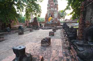fotografia, material, livra, ajardine, imagine, proveja fotografia,Wat Phra Mahathat, A herana cultural de mundo, Budismo, Imagem budista, Ayutthaya permanece