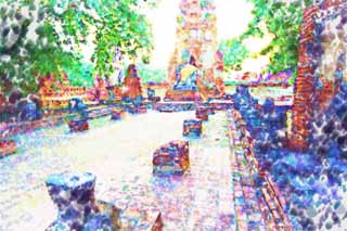 illust, material, livram, paisagem, quadro, pintura, lpis de cor, creiom, puxando,Wat Phra Mahathat, A herana cultural de mundo, Budismo, Imagem budista, Ayutthaya permanece