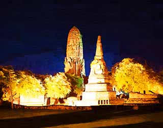 Illust, materieel, vrij, landschap, schilderstuk, schilderstuk, kleuren potlood, crayon, werkje,Wat Phraram, Wereldwijd cultureel heritage, Boeddhisme, Gebouw, Ayutthaya verblijft