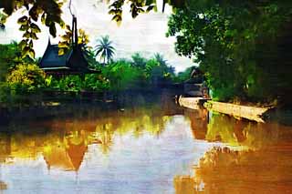 illustration,material,free,landscape,picture,painting,color pencil,crayon,drawing,A Thai waterside, building, river, Muddy water, The tropical zone