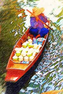 illustration,material,free,landscape,picture,painting,color pencil,crayon,drawing,A ship of coconut selling, market, Buying and selling, boat, 