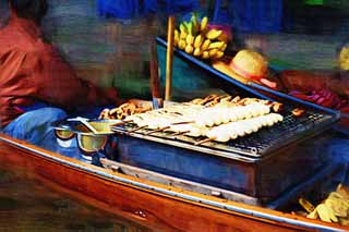 illust, materiale, libero panorama, ritratto dipinto, matita di colore disegna a pastello, disegnando,Banana di condizione che brucia che vende di mercato di acqua, mercato, Comprando e vendendo, barca, 
