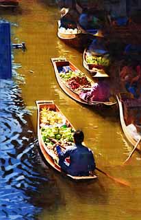 Illust, materieel, vrij, landschap, schilderstuk, schilderstuk, kleuren potlood, crayon, werkje,Vrucht verkopend van het water markt, Markt, Aankoop en aan het verkopen, Boot, 