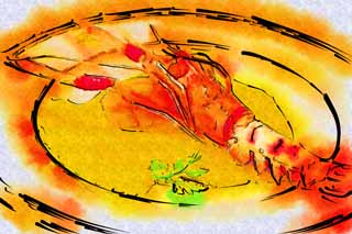Illust, materieel, vrij, landschap, schilderstuk, schilderstuk, kleuren potlood, crayon, werkje,Een schotel van een kleptomaniac langoest, Kleptomaniac langoest, Prawn, Garnaal, Fransen etenswaar