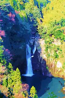 illustration,material,free,landscape,picture,painting,color pencil,crayon,drawing,Hijiri fall of Yamato-cho, The basin of a waterfall, Saint fall, Sasabaru River, cascade