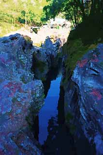 Illust, materieel, vrij, landschap, schilderstuk, schilderstuk, kleuren potlood, crayon, werkje,Takachiho-kyo Bergkloof, Ravijn, De oppervlakte van het water, Klif, Vanzelfsprekende monument