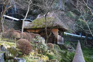 Foto, materieel, vrij, landschap, schilderstuk, bevoorraden foto,Een watermill, Dak van het riet, Rieten dak, Waterwheel, Jap-trant gebouw