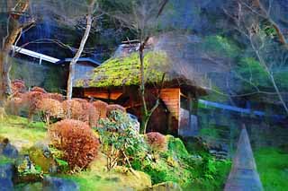 illust, materiell, befreit, Landschaft, Bild, Gemlde, Farbbleistift, Wachsmalstift, Zeichnung,,Ein watermill, Dach des Dachstrohs, mit Stroh gedecktes Dach, Wasserrad, Japanisch-Stilgebude