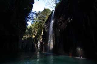 Foto, materiell, befreit, Landschaft, Bild, hat Foto auf Lager,Takachiho-kyo-Felsschlucht, Schlucht, Backlight, Klippe, natrliches Monument