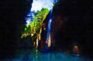 illustration,material,free,landscape,picture,painting,color pencil,crayon,drawing,Takachiho-kyo Gorge, Ravine, Backlight, cliff, natural monument