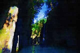 illustration,material,free,landscape,picture,painting,color pencil,crayon,drawing,Takachiho-kyo Gorge, Ravine, Backlight, cliff, natural monument