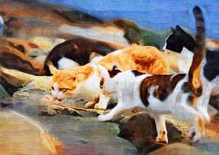 illust, materiell, befreit, Landschaft, Bild, Gemlde, Farbbleistift, Wachsmalstift, Zeichnung,,Eine Katze, um zusammenzukommen, Katze, , , 