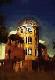 illustration,material,free,landscape,picture,painting,color pencil,crayon,drawing,The A-Bomb Dome, World's cultural heritage, nuclear weapon, War, Misery