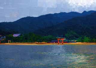 illust, , , , , ,  ,  , .,Itsukushima- Shrine,   , Otorii, Shinto shrine,  cinnabar 