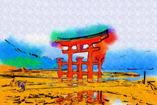 illust, material, livram, paisagem, quadro, pintura, lpis de cor, creiom, puxando,Otorii de santurio de Itsukushima-jinja, A herana cultural de mundo, Otorii, Santurio de Xintosmo, Eu sou vermelho de cinbrio