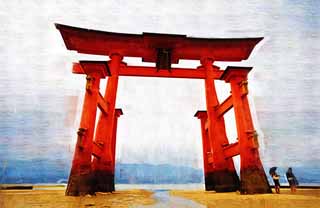 illust, materiell, befreit, Landschaft, Bild, Gemlde, Farbbleistift, Wachsmalstift, Zeichnung,,Otorii des Itsukushima-jinja-Schreines, Das kulturelle Erbe von Welt, Otorii, Schintoistischer Schrein, Ich bin Zinnober rot