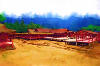 illust, materiell, befreit, Landschaft, Bild, Gemlde, Farbbleistift, Wachsmalstift, Zeichnung,,Ein Hauptschrein von Itsukushima-jinja Shrine, Das kulturelle Erbe von Welt, Hauptschrein, Schintoistischer Schrein, Ich bin Zinnober rot