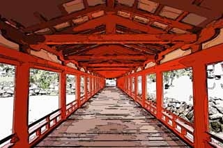 Illust, materieel, vrij, landschap, schilderstuk, schilderstuk, kleuren potlood, crayon, werkje,Een corridor van Itsukushima-jinja Heiligdom, Wereldwijd cultureel heritage, Otorii, Shinto heiligdom, Ik ben cinnabar rood