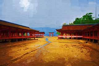 illust, materiell, befreit, Landschaft, Bild, Gemlde, Farbbleistift, Wachsmalstift, Zeichnung,,Ein Hauptschrein von Itsukushima-jinja Shrine, Das kulturelle Erbe von Welt, Hauptschrein, Schintoistischer Schrein, Ich bin Zinnober rot