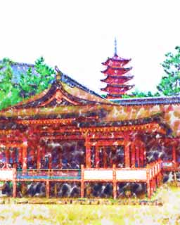 illust, materiell, befreit, Landschaft, Bild, Gemlde, Farbbleistift, Wachsmalstift, Zeichnung,,Ein Hauptschrein von Itsukushima-jinja Shrine, Das kulturelle Erbe von Welt, Hauptschrein, Schintoistischer Schrein, Ich bin Zinnober rot