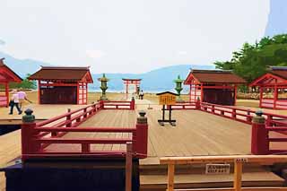 illust, materiell, befreit, Landschaft, Bild, Gemlde, Farbbleistift, Wachsmalstift, Zeichnung,,Die hohe Phase von Itsukushima-jinja Shrine, Das kulturelle Erbe von Welt, Hauptschrein, Schintoistischer Schrein, Ich bin Zinnober rot