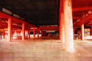 illust, materiell, befreit, Landschaft, Bild, Gemlde, Farbbleistift, Wachsmalstift, Zeichnung,,Ein Hauptschrein von Itsukushima-jinja Shrine, Das kulturelle Erbe von Welt, Hauptschrein, Schintoistischer Schrein, Ich bin Zinnober rot