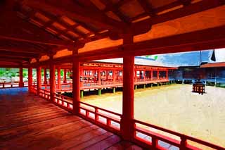 illust, material, livram, paisagem, quadro, pintura, lpis de cor, creiom, puxando,Um corredor de Santurio de Itsukushima-jinja, A herana cultural de mundo, Otorii, Santurio de Xintosmo, Eu sou vermelho de cinbrio