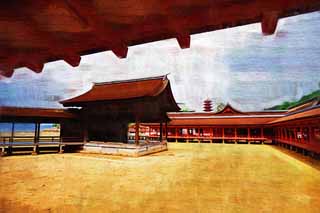 illust, materiale, libero panorama, ritratto dipinto, matita di colore disegna a pastello, disegnando,Un corridoio di Sacrario di Itsukushima-jinja, L'eredit culturale di Mondo, Otorii, Sacrario scintoista, Io sono cinabro rosso