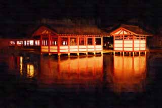 illust, materiale, libero panorama, ritratto dipinto, matita di colore disegna a pastello, disegnando,La notte di Sacrario di Itsukushima-jinja, L'eredit culturale di Mondo, sacrario principale, Sacrario scintoista, Io sono cinabro rosso