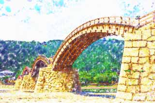 illust, matire, libre, paysage, image, le tableau, crayon de la couleur, colorie, en tirant,Kintai-kyo lient, Kintai-kyo lient, place note, visiter des sites pittoresques tache, pont