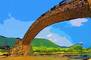 illustration,material,free,landscape,picture,painting,color pencil,crayon,drawing,Kintai-kyo Bridge, Kintai-kyo Bridge, noted place, sightseeing spot, bridge