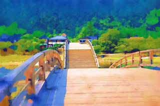 illustration,material,free,landscape,picture,painting,color pencil,crayon,drawing,Kintai-kyo Bridge, Kintai-kyo Bridge, noted place, sightseeing spot, bridge