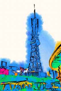 Illust, materieel, vrij, landschap, schilderstuk, schilderstuk, kleuren potlood, crayon, werkje,Nagoya Television Tower, Tv toren, Een elektrische golf, TV, Tv