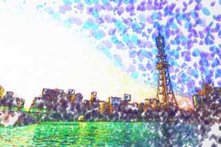 illustration,material,free,landscape,picture,painting,color pencil,crayon,drawing,Nagoya Television Tower, television tower, An electric wave, TV, Television