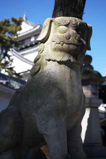 photo, la matire, libre, amnage, dcrivez, photo de la rserve,Une paire de chiens du gardien de pierre de Temple du Chteau du dragon, statue de pierre, paire de chiens du gardien de pierre, chef, 