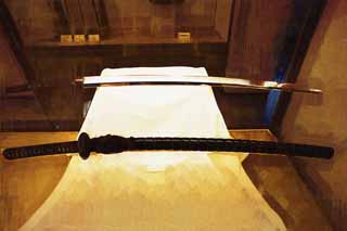 illustration,material,free,landscape,picture,painting,color pencil,crayon,drawing,A Japanese sword, weapon, , War, blade