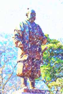 illust, materiell, befreit, Landschaft, Bild, Gemlde, Farbbleistift, Wachsmalstift, Zeichnung,,Ieyasu Tokugawa Bronzestatue, bronzieren Sie Statue, Edo, Mikawa, Die Geschichte