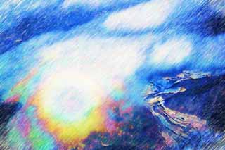 illustration,material,free,landscape,picture,painting,color pencil,crayon,drawing,phenomenon of brocken spectre, Glory, halo, , Snow
