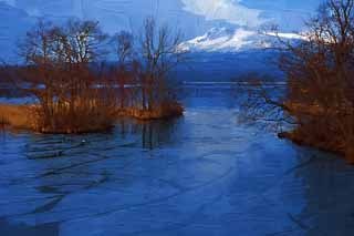 illustration,material,free,landscape,picture,painting,color pencil,crayon,drawing,Onumakoen winter scene, , lake, Lake Onuma, blue sky