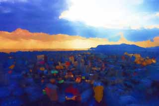 illust, material, livram, paisagem, quadro, pintura, lpis de cor, creiom, puxando,Eu verto em Hakodate, linha clara, nuvem, rea de cidade, a cidade de porto
