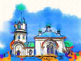 illust,tela,gratis,paisaje,fotografa,idea,pintura,Lpiz de color,dibujo,Una iglesia ortodoxa cristiana, Iglesia, Cielo azul, Estilo complejo, Cristianismo