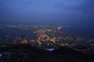 fotografia, material, livra, ajardine, imagine, proveja fotografia,Uma viso noturna de Mt. Hakodate-yama, Iluminaes, Um observatrio, luz de cidade, a cidade de porto