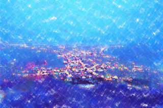 illustration,material,free,landscape,picture,painting,color pencil,crayon,drawing,A night view of Mt. Hakodate-yama, Illuminations, An observatory, town light, port town