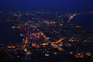 fotografia, material, livra, ajardine, imagine, proveja fotografia,Uma viso noturna de Mt. Hakodate-yama, Iluminaes, Um observatrio, luz de cidade, a cidade de porto