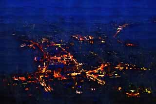 illustration,material,free,landscape,picture,painting,color pencil,crayon,drawing,A night view of Mt. Hakodate-yama, Illuminations, An observatory, town light, port town