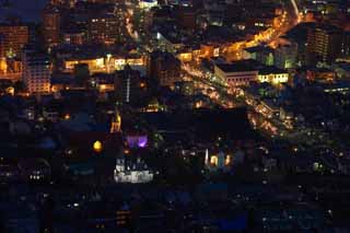 Foto, materiell, befreit, Landschaft, Bild, hat Foto auf Lager,Eine Nacht von Sicht von Mt. Hakodate-yama, Festliche Beleuchtung, Eine Sternwarte, Stadtlicht, Hafenstadt