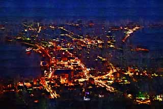 illust, matire, libre, paysage, image, le tableau, crayon de la couleur, colorie, en tirant,Une vue de la nuit de Mt. Hakodate-yama, Illuminations, Un observatoire, lumire de ville, ville de port